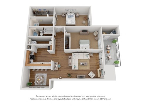 Floor plan for 2 beds, 2 baths, 891 sqft
